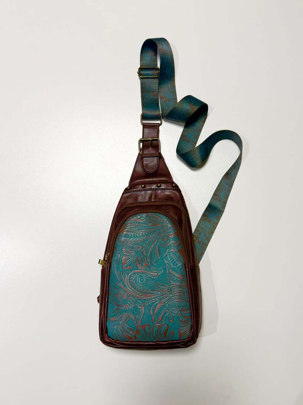 Western Tooled Vegan Brown Leather Sling Bag Crossbody Purse Brown Teal western,